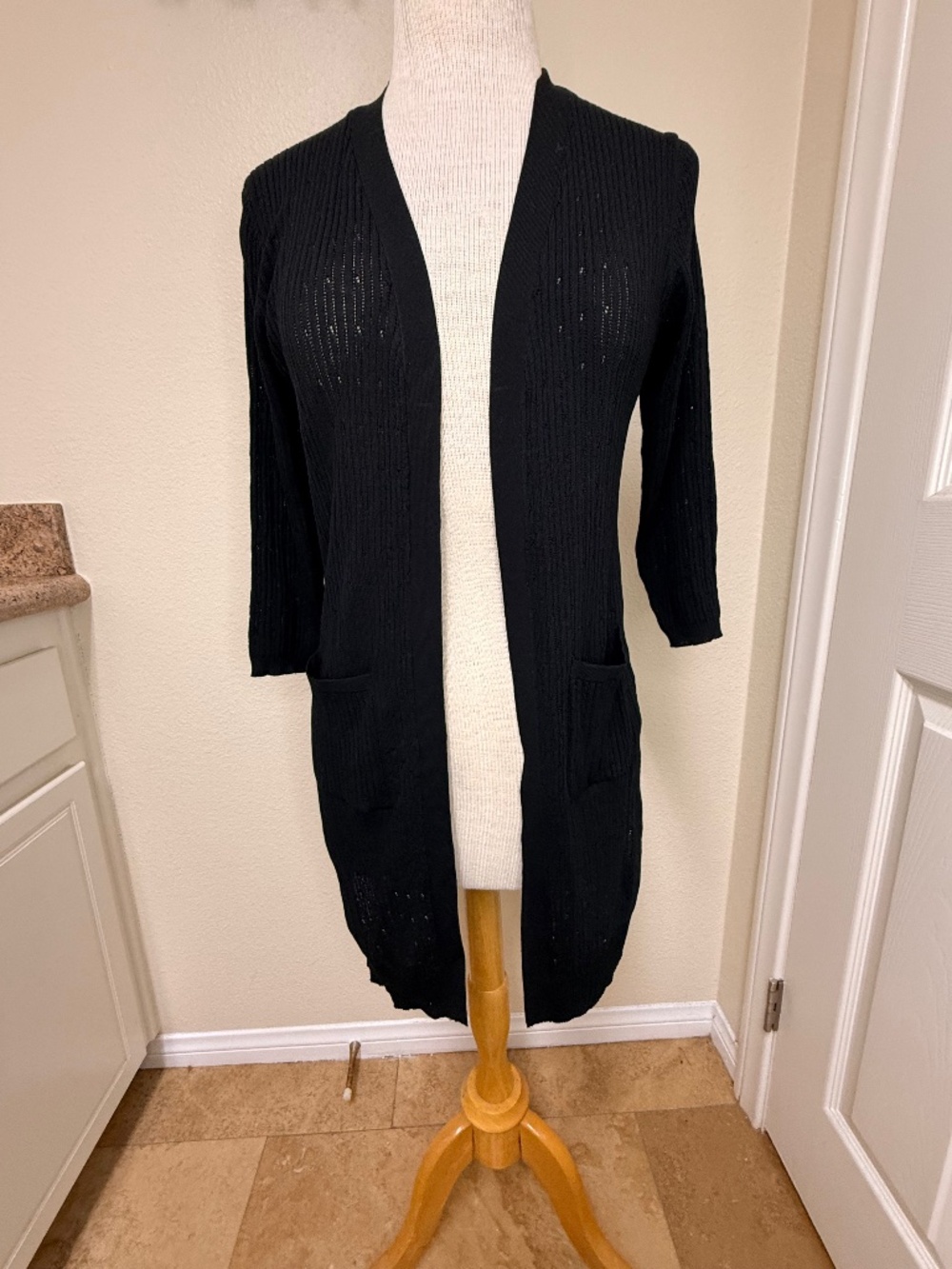 Stitch Duster Cardigan Sweater Black Open Front 3/4‎ Sleeves Pockets Size Small